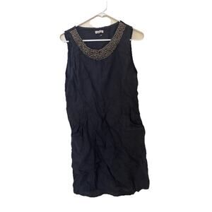 Lina Tomei 100% Linen Beaded Short Pocketed Tank Dress Navy Blue Size M Stretch